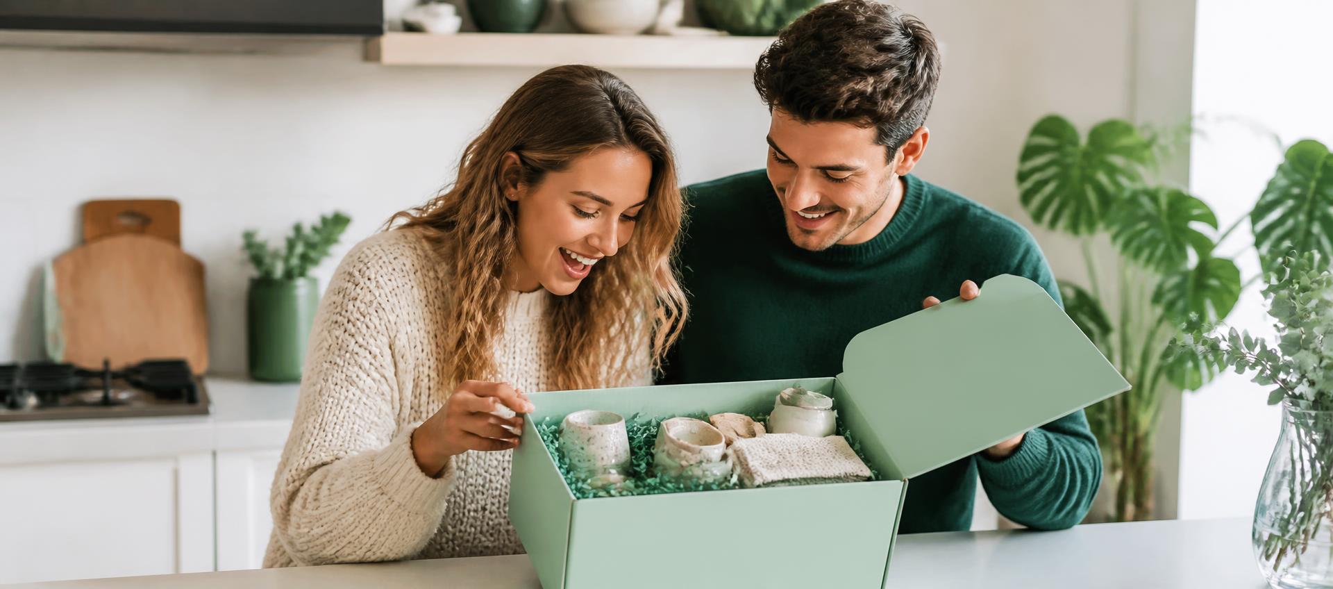 Un couple ouvre un coffret cadeau vert dans sa cuisine